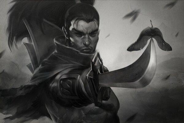 Черно белое изображение самурая с мечом