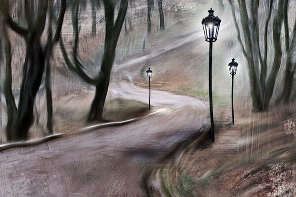 Percorso del parco con lanterne la sera