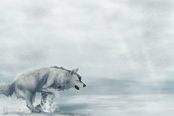 Art image of a tired wolf in the rain