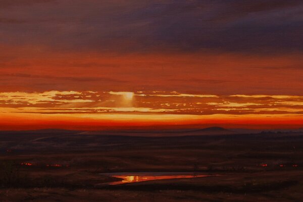 Fiery dawn on the steppe plain