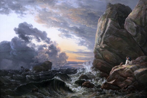 Navire écrasé dans une tempête avec un homme sur un rocher