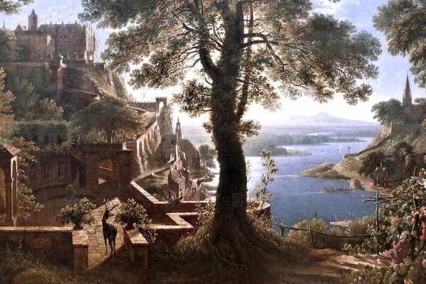 Painting by Karl Friedrich Schinkel castle on the river bank