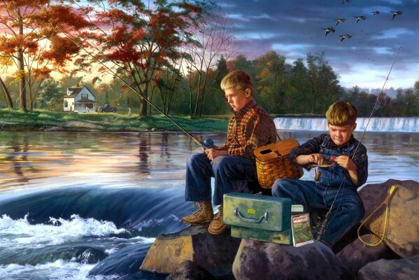 Two boys fishing in the autumn season