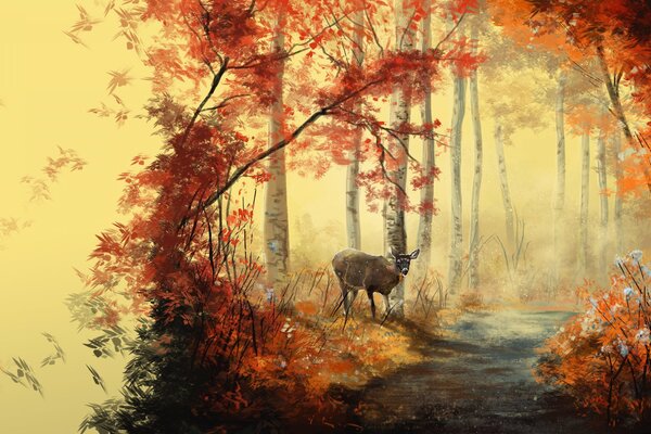 Arte pintoresco de animales en el bosque de otoño