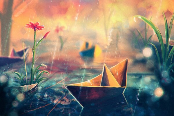 Arte papel pintado barco de papel flotando bajo la lluvia