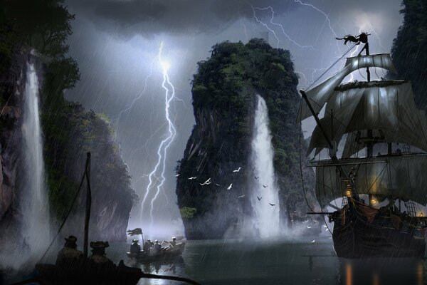 A pirate ship hit by lightning