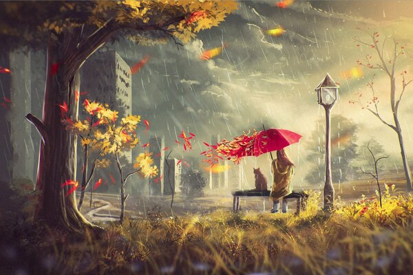 A girl under an umbrella with a cat on a bench. Autumn picture