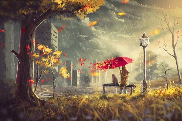 Девушка под зонтиком с котом на лавке. Осенняя картинка