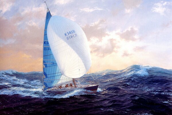 Painting yacht in a stormy sea