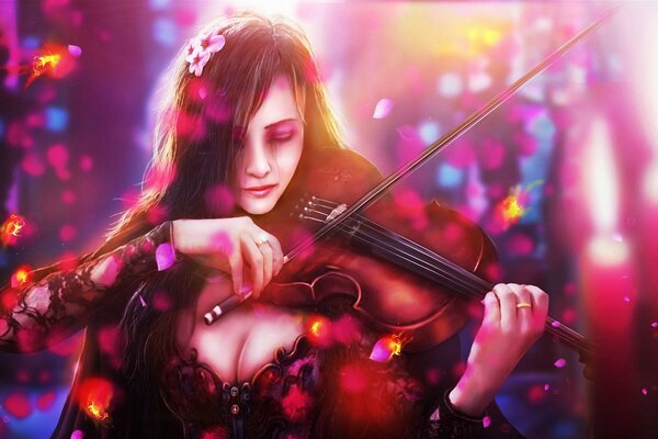 Arte ragazza triste con grandi seni che suona il violino
