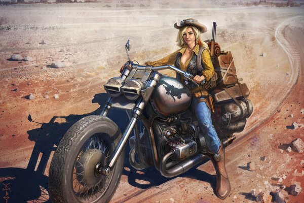 Cowboy-Mädchen auf einem Motorrad in der Wüste