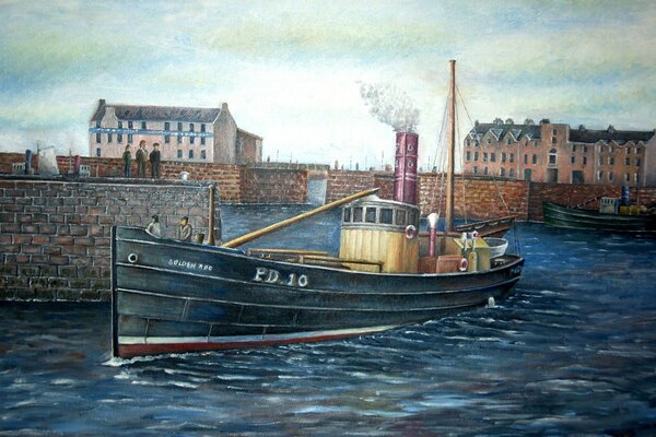 Peinture sur toile port de pêche Écosse