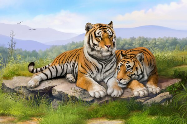 Peinture de tigres sur pierre