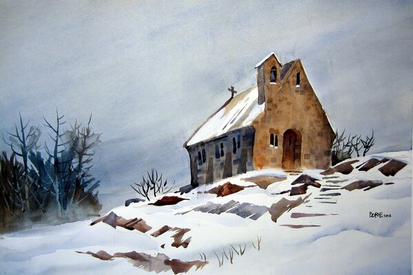 PEINTURE À L AQUARELLE PAYSAGE MAISON EN HIVER