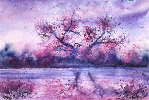 Painted landscape with watercolor reflections of a tree in a river