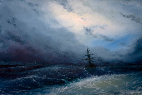 The ship is lost in the sea waves during a storm