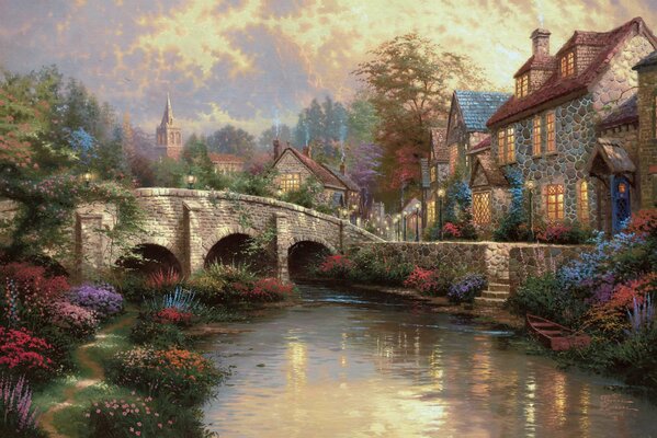 Живопись деревни с мостом и рекой