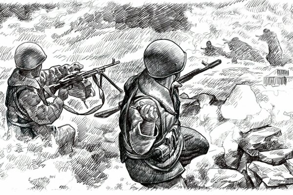Drawing of soldiers in ambush in pencil