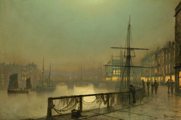 Painting foggy evening on the embankment