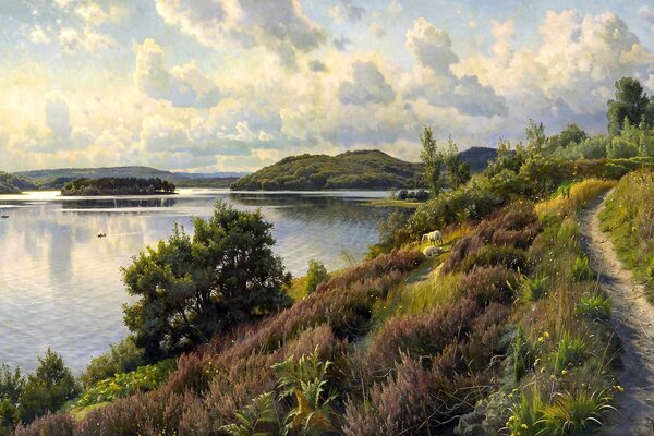 Landscape lake and cumulus clouds