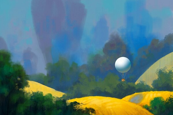 Painted art landscape Balloon among the hills