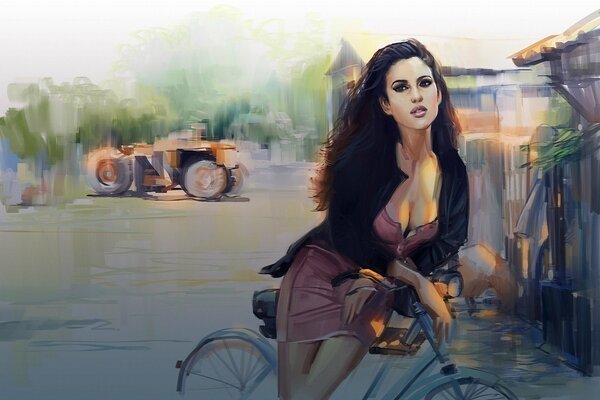 A painted girl leaned on a bicycle against the background of the street