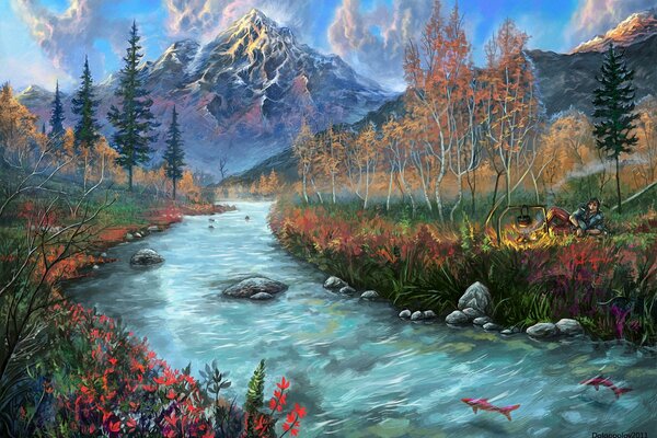Paisaje pintado río hombre montaña