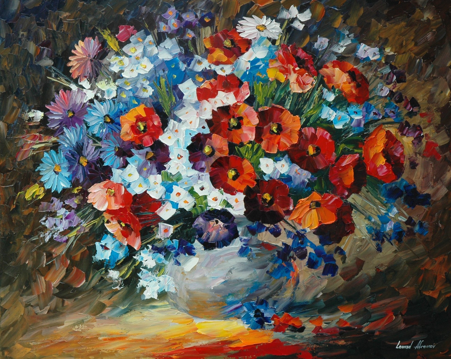 leonid afremov gemälde malerei blumen blumenstrauß vase blütenblätter