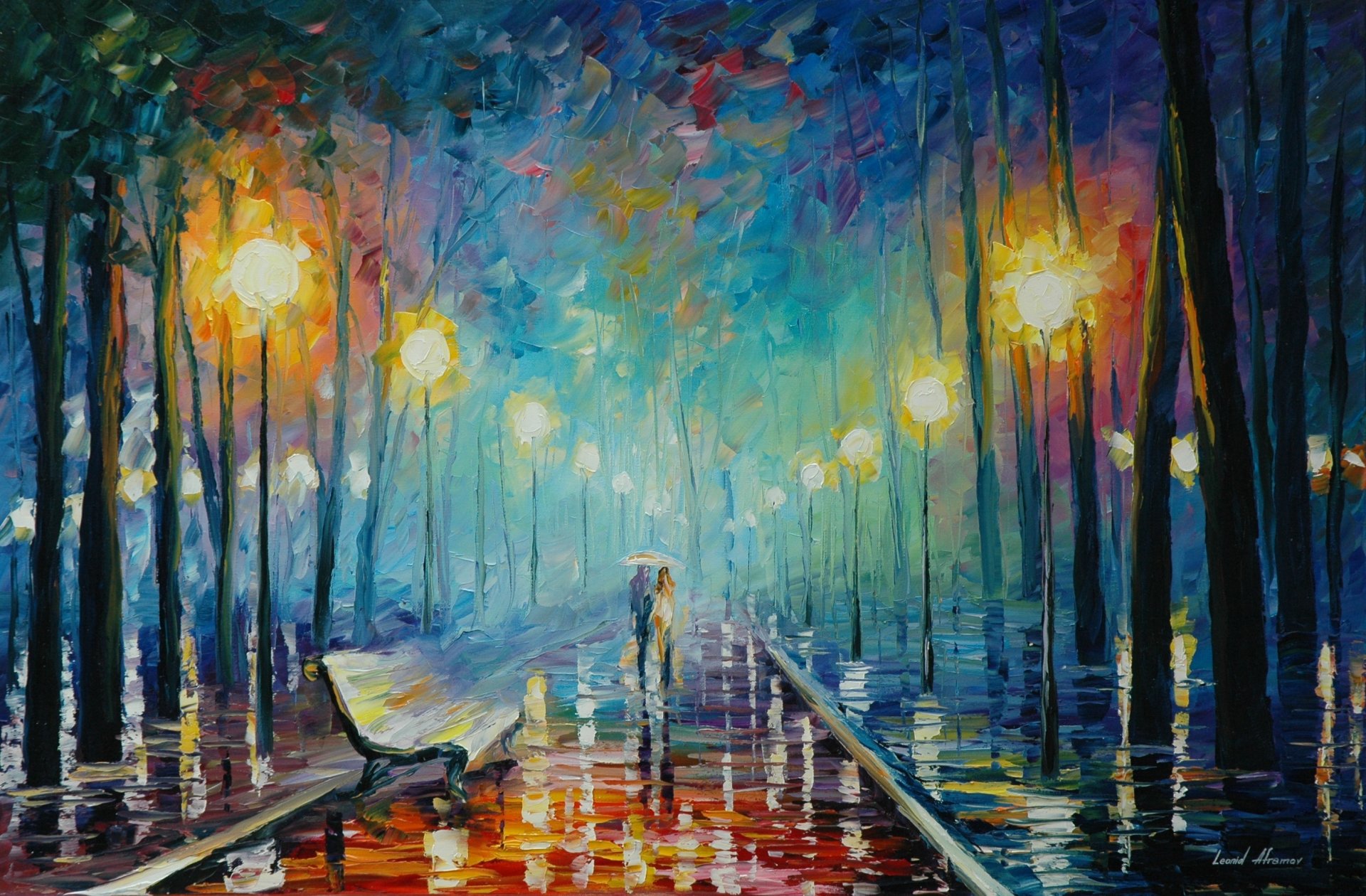 leonid afremov pintura pareja paraguas lluvia tienda otoño hojas linternas luz