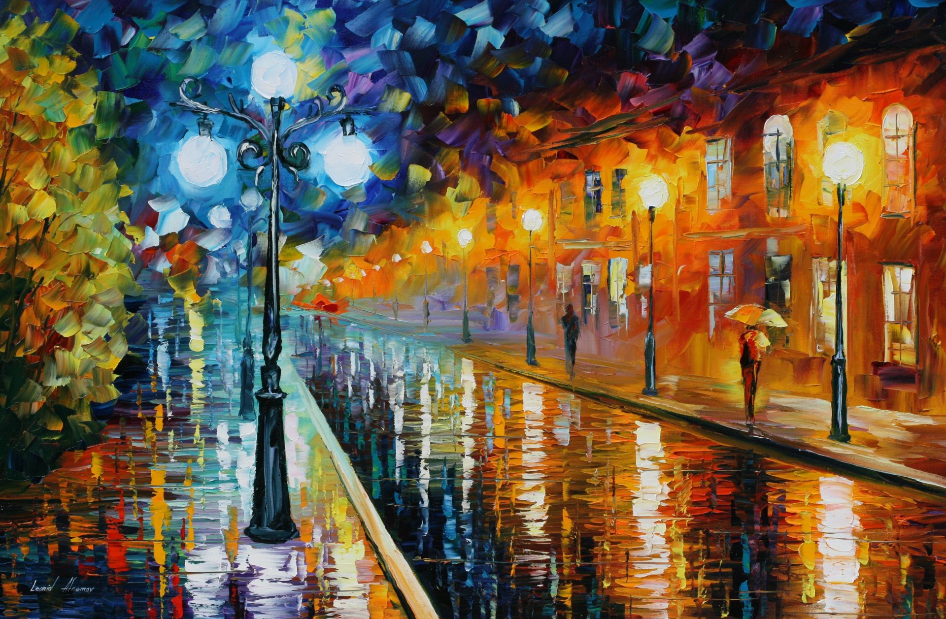 leonid afremov light rainy weather house road people umbrella