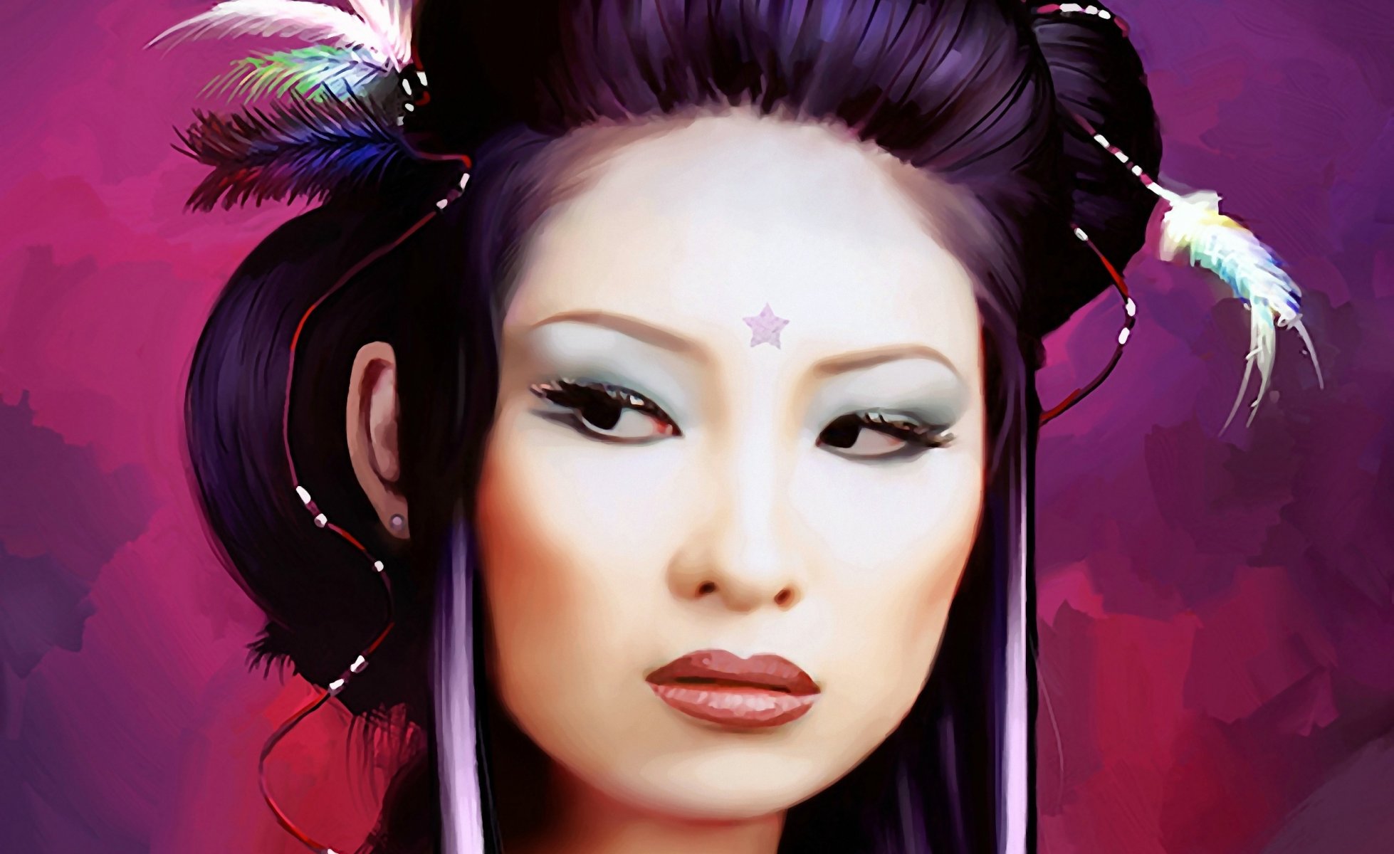 fille femme japon geisha asiatique yeux visage coifure plumes étoile maquillage