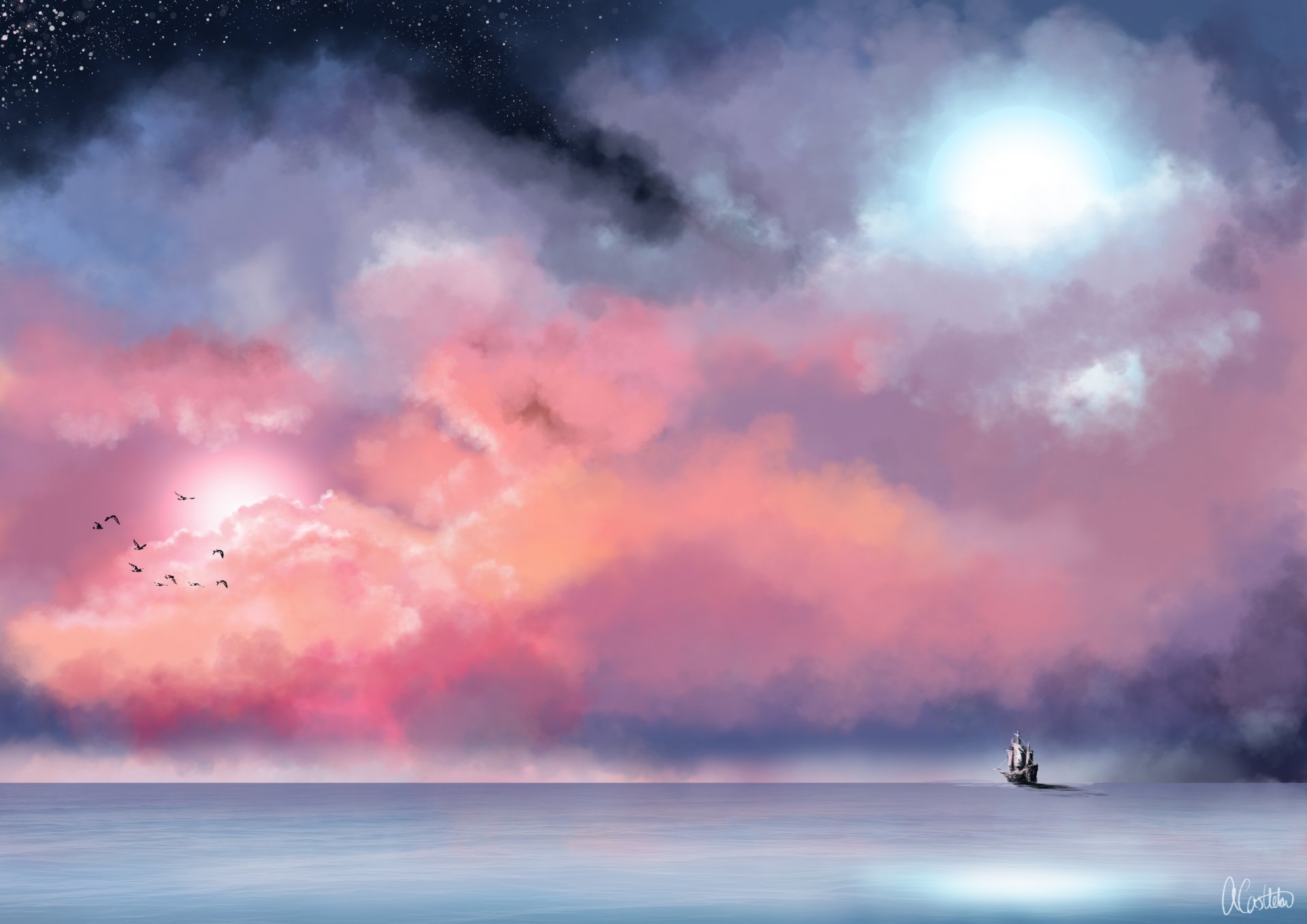 pittura mare nave nebbia cielo nuvole stelle uccelli