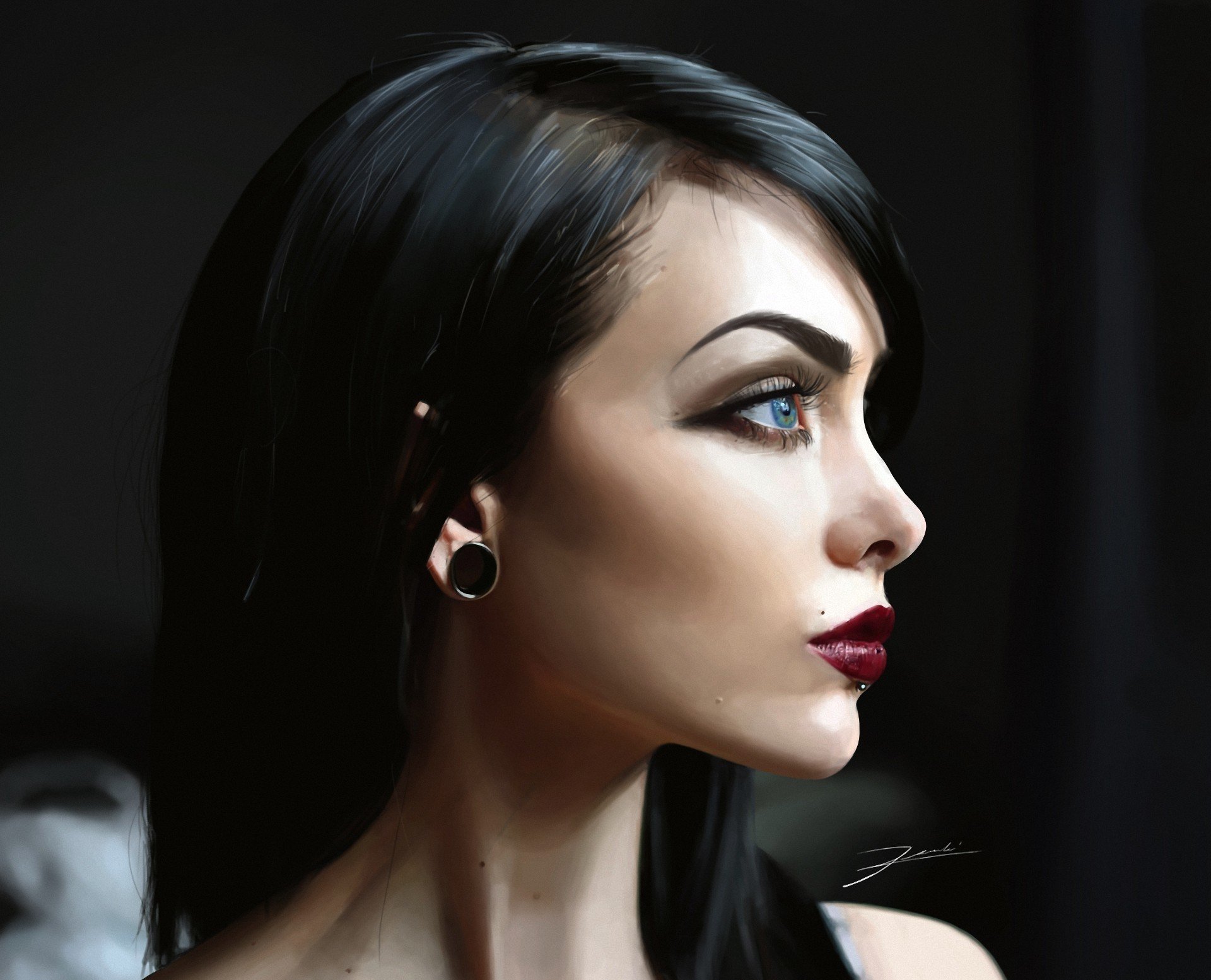 art dziewczyna profil kolczyk piercing brunetka