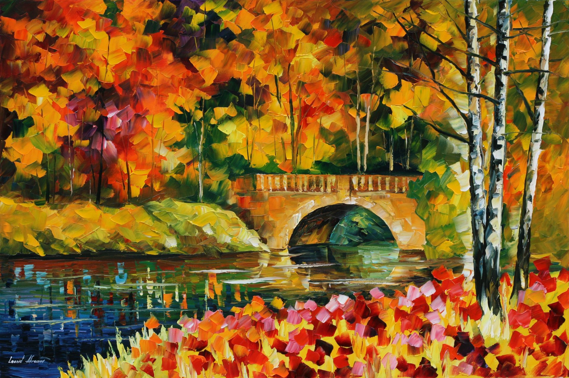 leonid afremov pittura fiume acqua ponte alberi foglie autunno