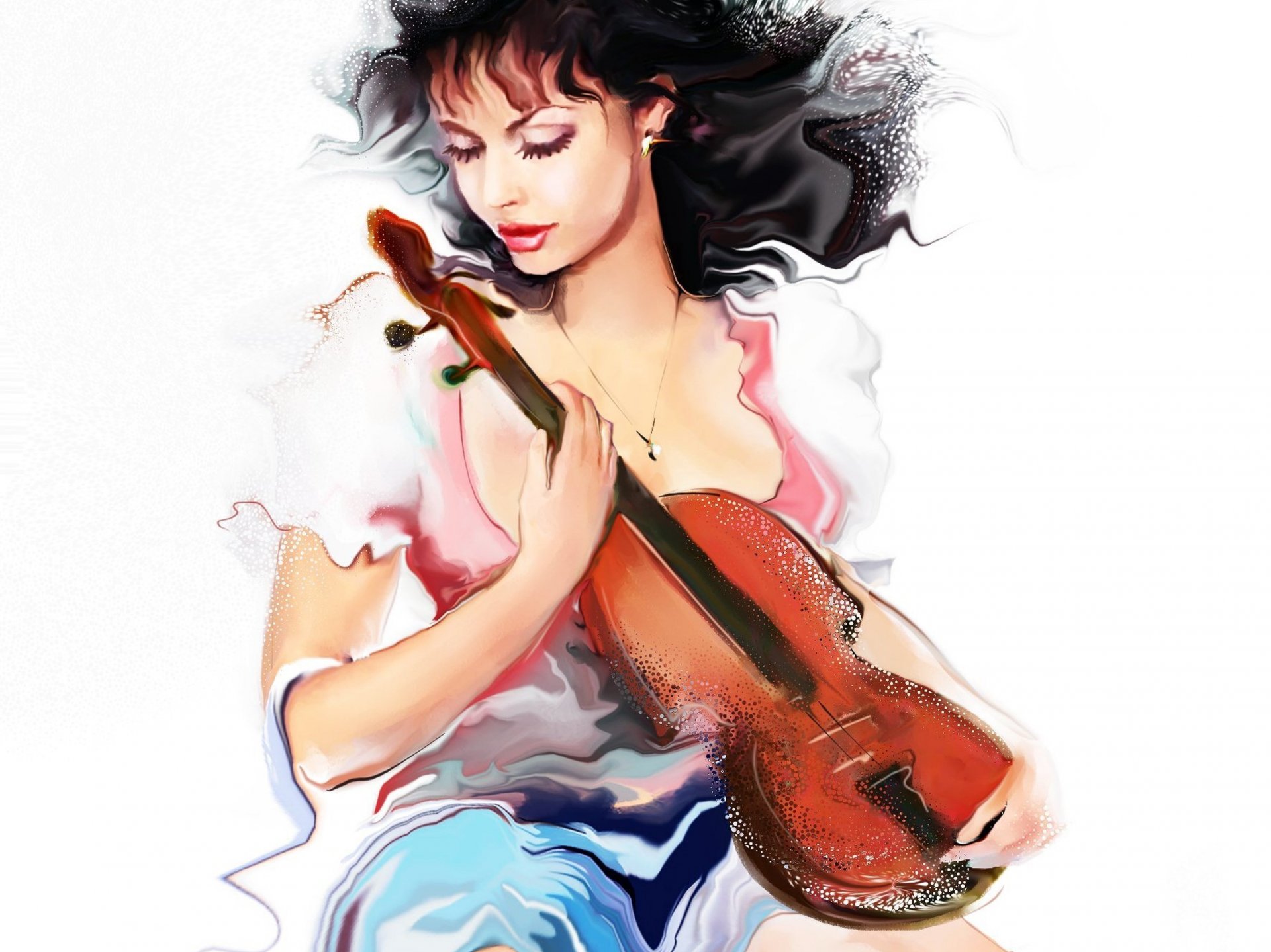 tatiana nikitina art girl view hair curls violin music white background