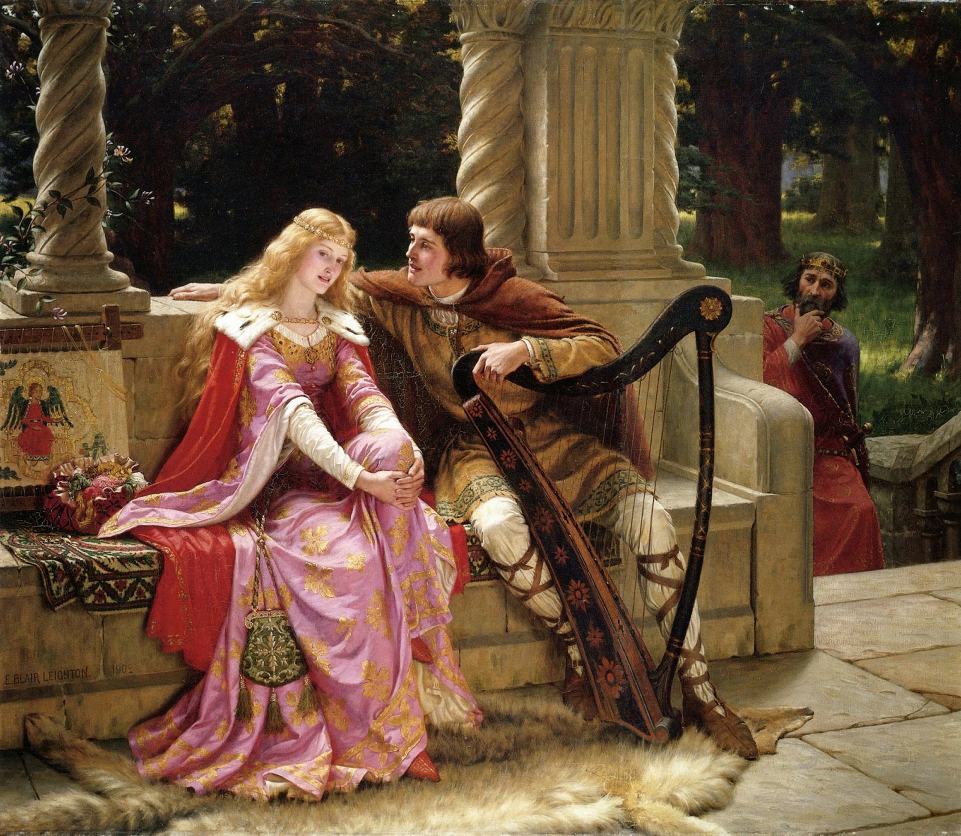 edmund blair layton peintre anglais romantisme préraphaélite moyen âge fin de la chanson tristan et isolde image amour château fille des neiges reine troubadour chevalier prince roi signe préraphaélite moyen âge