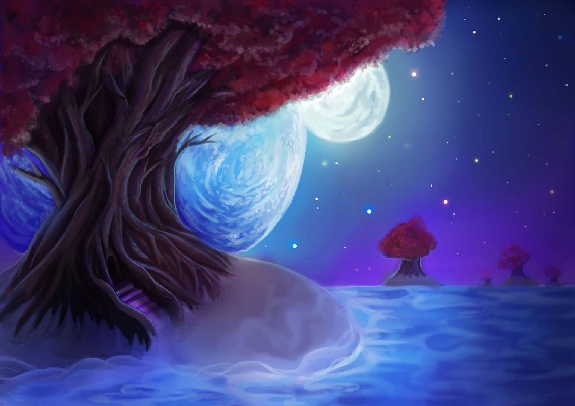 pintura paisaje árbol hojas cielo noche estrellas luna planeta