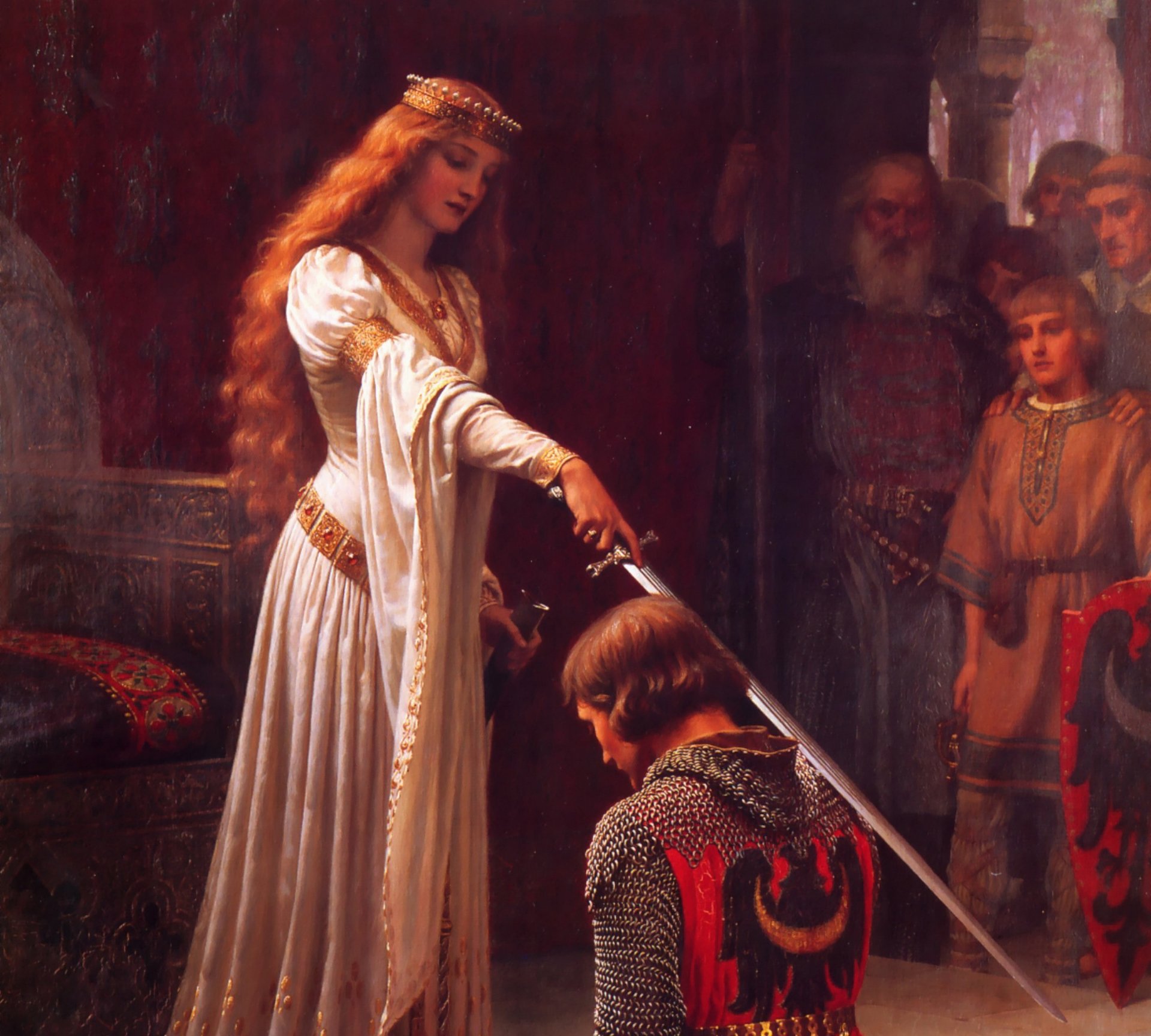 edmund blair leighton angielski malarz romantyzm prerafaelitów średniowiecze accolade obraz zamek rytuał królowa ginewra lancelot lake rycerz zbroja miecz prerafaelit accolade obraz