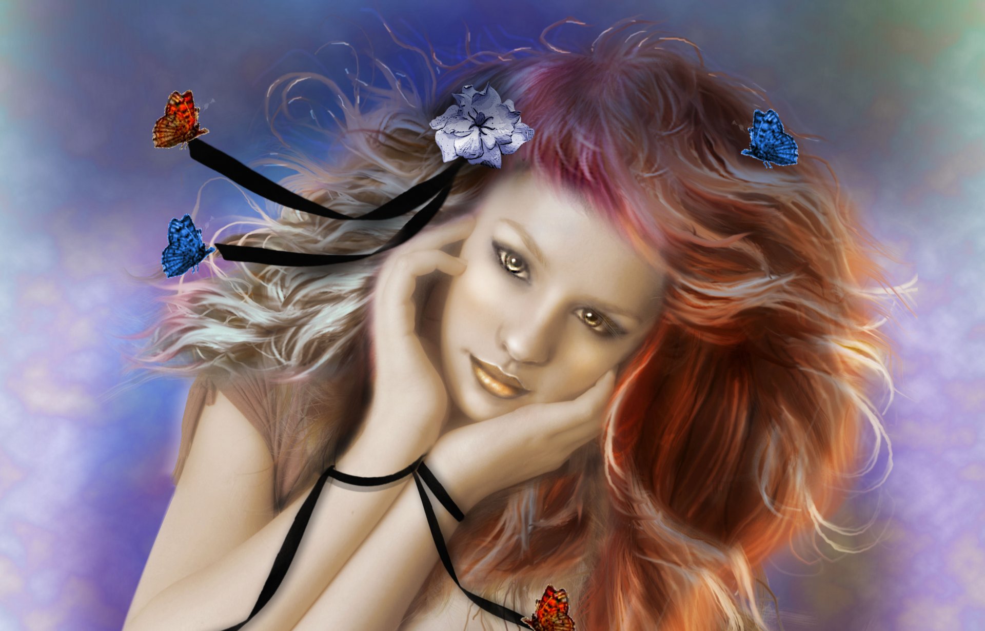 painting art girl view face hair butterfly hands ribbon flower background