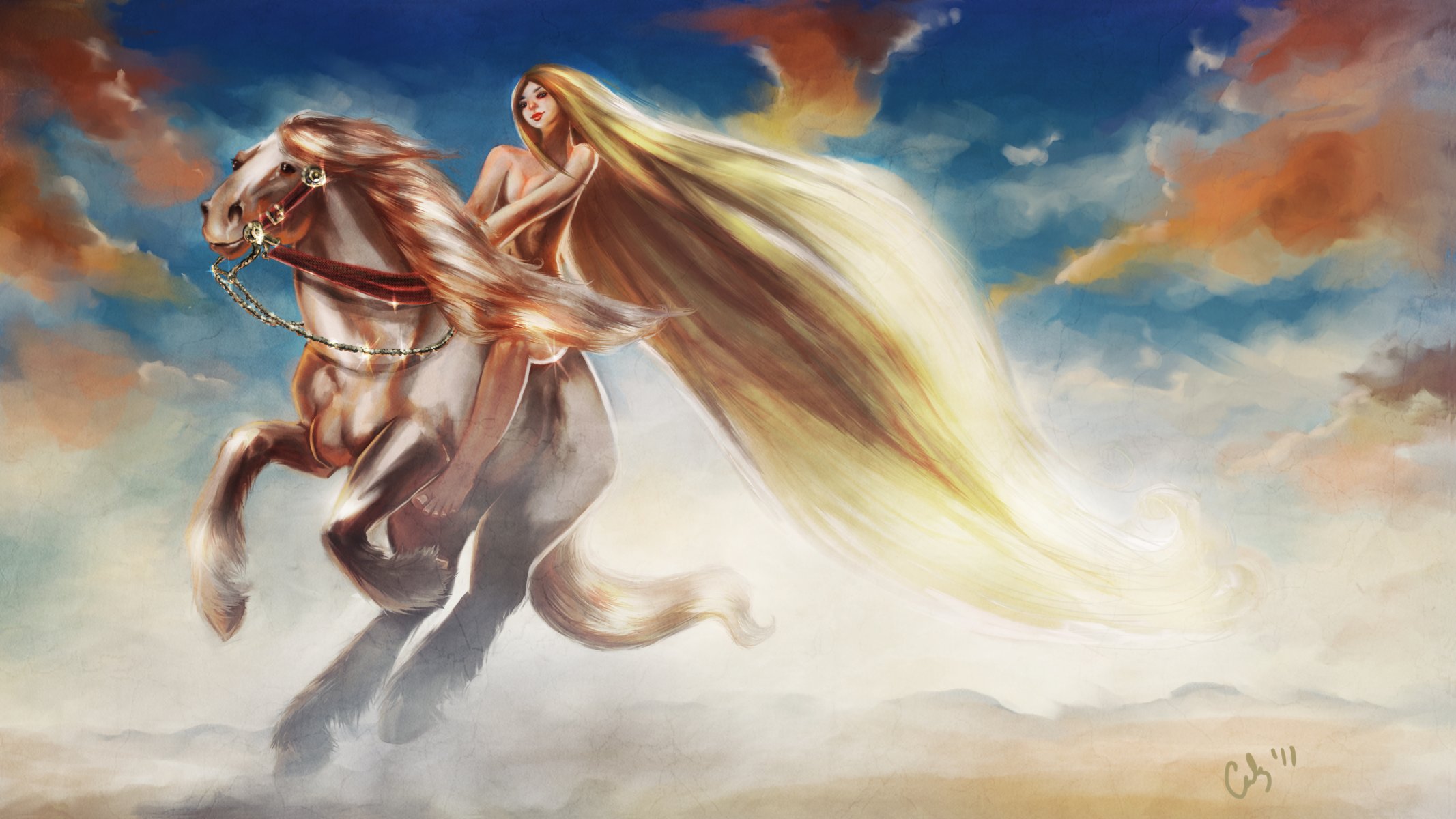 lady godiva arte chica pelo largo paseos caballo melena animal cielo nubes