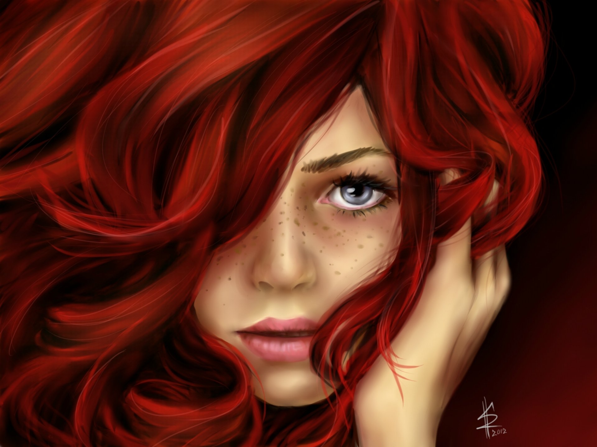 peinture art fille rousse cheveux boucles visage regard taches de rousseur