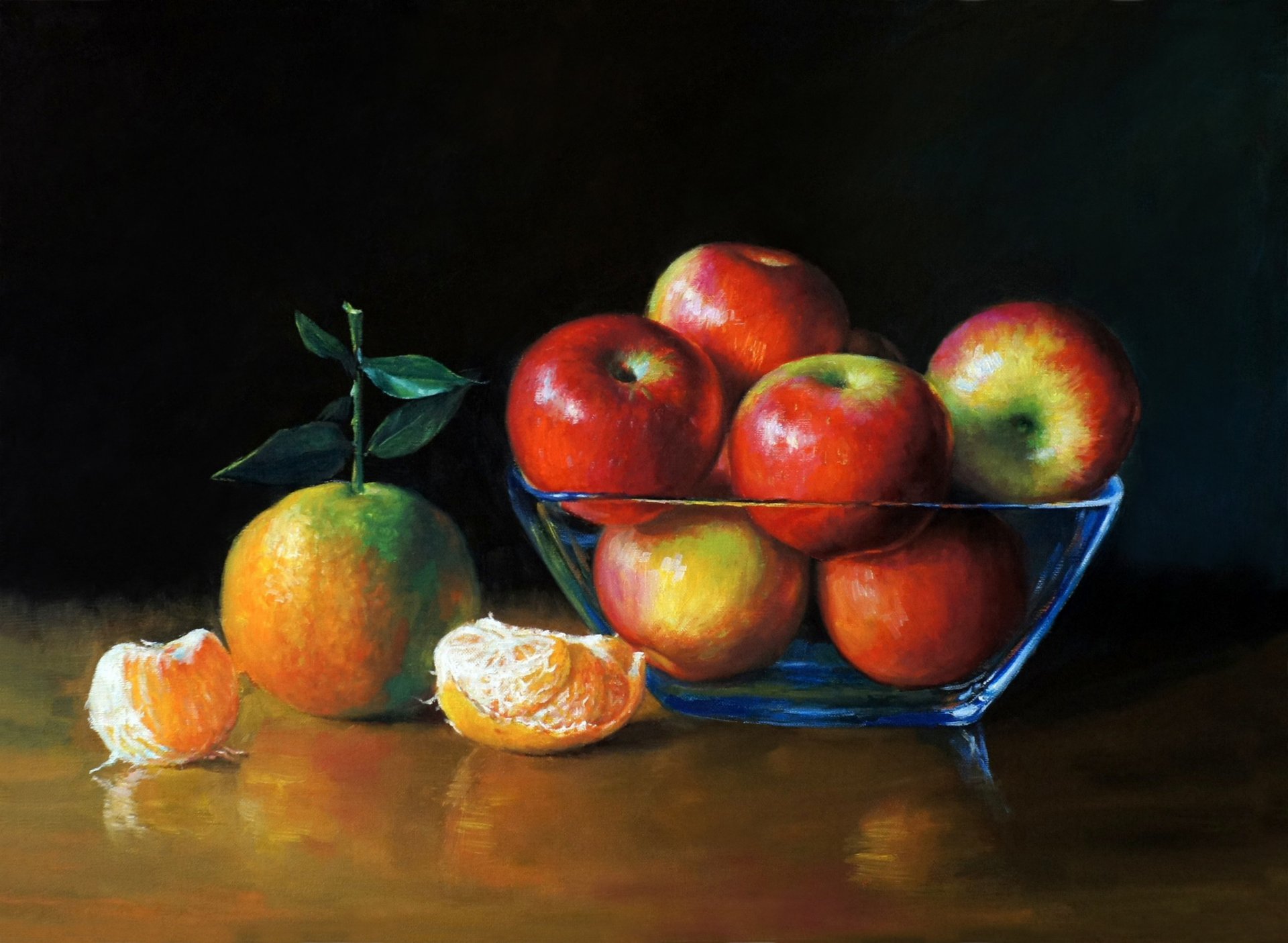 arte pittura immagine di mele in vaso mandarini sul tavolo