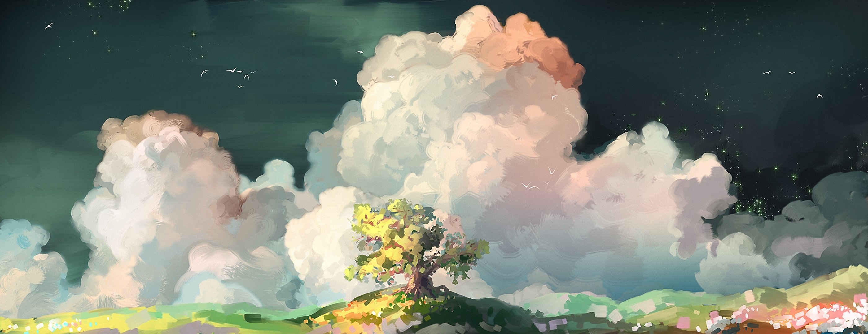 kunst gemalte landschaft baum wolken vögel