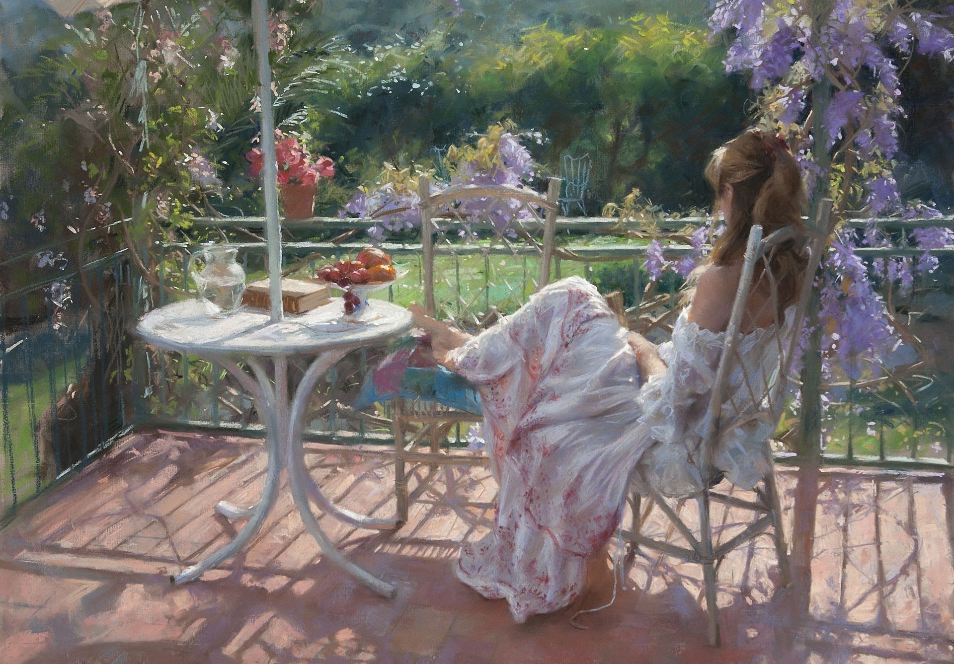 peinture vicente romero redondo fille loisirs jardin véranda fleurs fruits livre ensoleillé