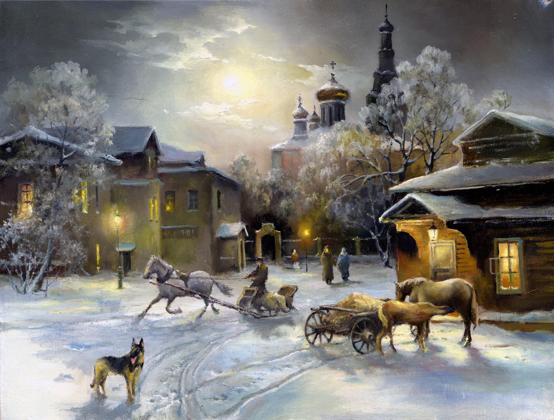 peinture neige hiver. maison fenêtre lumière chevaux chien berger église ciel