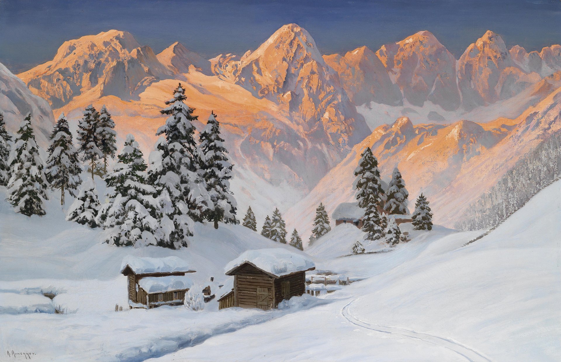 alois arnegger .winter alpen landschaft berge golden schnee weihnachtsbaum