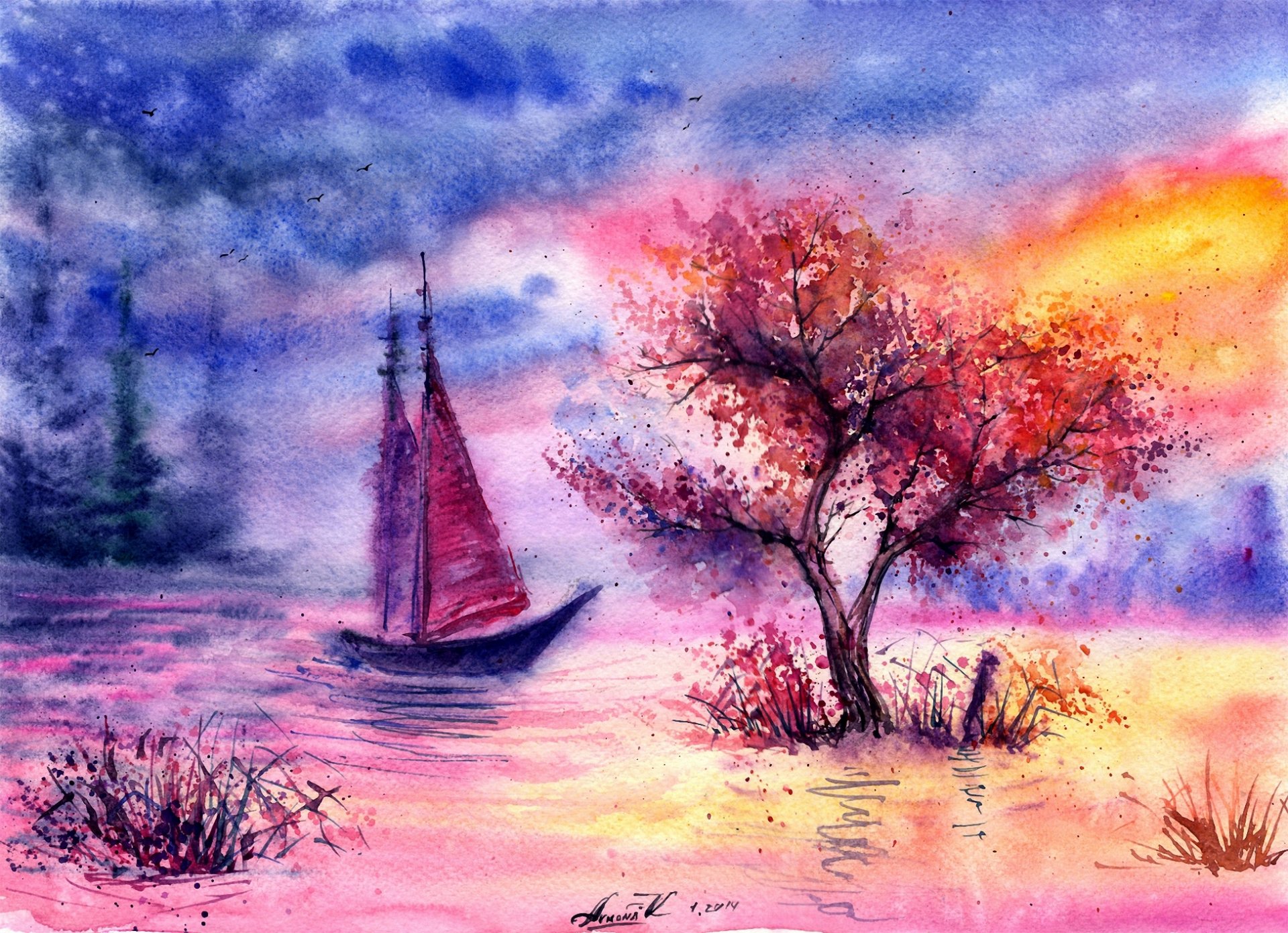 gezeichnete landschaft aquarell abend baum segelboot fluss gras vögel wolken