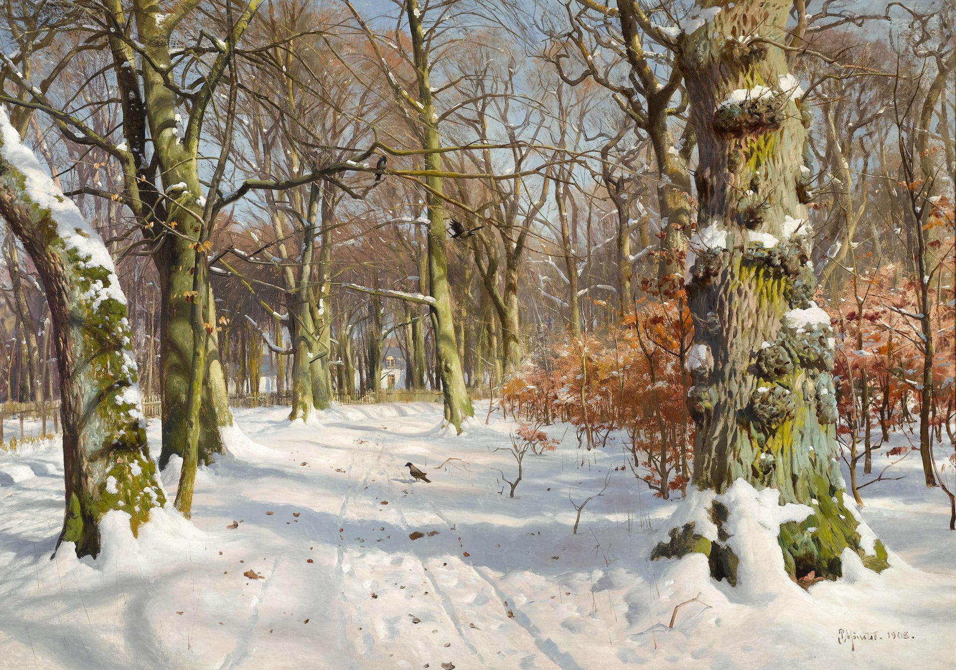 pintura paisaje peder mork monsted invierno parque arboleda árboles corteza musgo nieve huellas cuervos pájaros luz