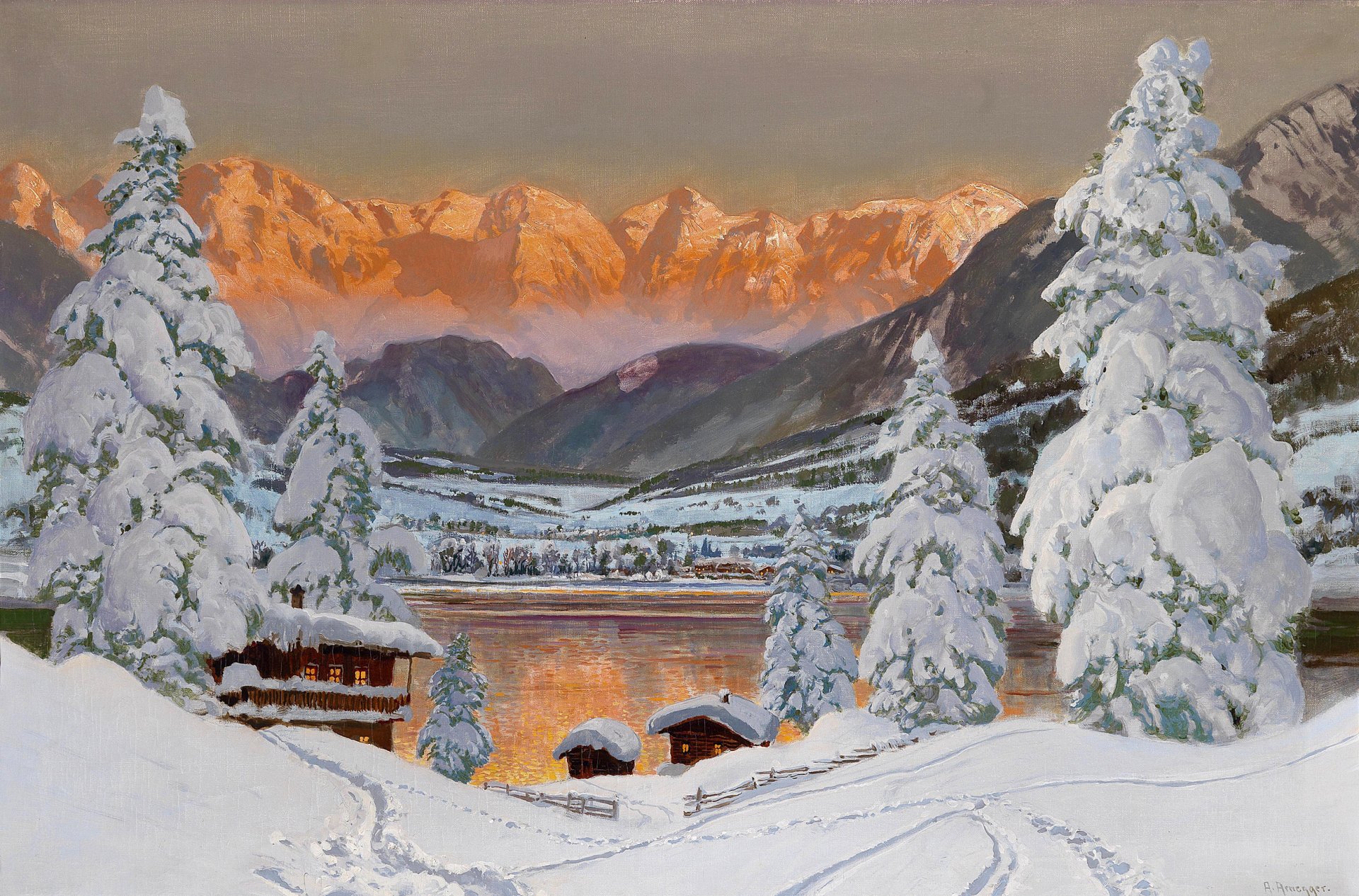 alois arnegger .winter alpen landschaft berge schnee sonnenuntergang weihnachtsbaum häuser eis golden nebel