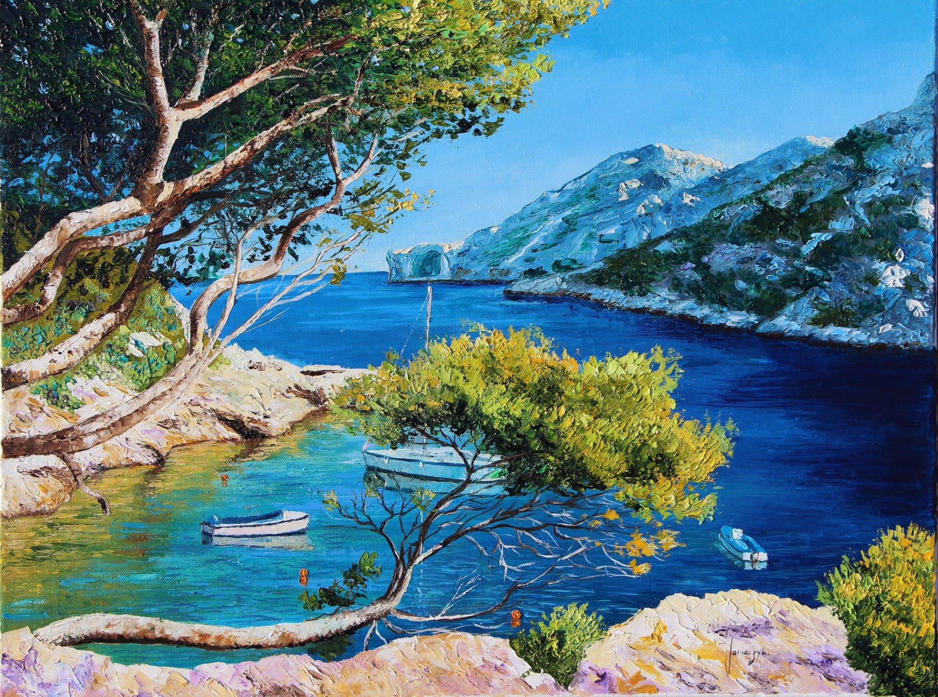 pintura paisaje arte jean-marc janiaczyk mar montañas luz laguna costas árboles ramas barcos yate